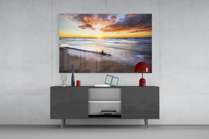 Driftwood Beach Sunset Glass Wall Art