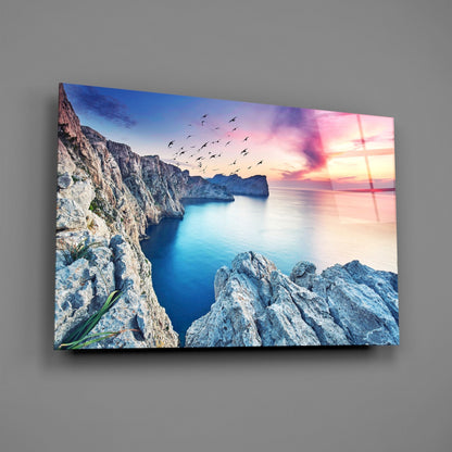 Birds Over Pink Sunset Sea Cliffs Glass Wall Art