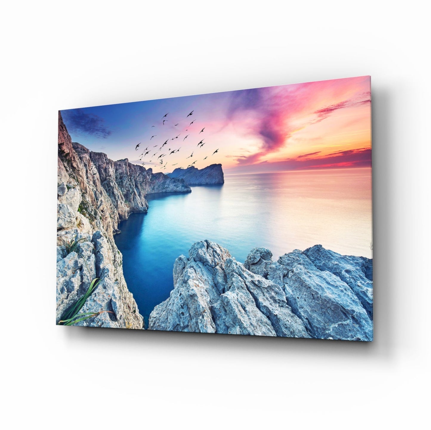 Birds Over Pink Sunset Sea Cliffs Glass Wall Art