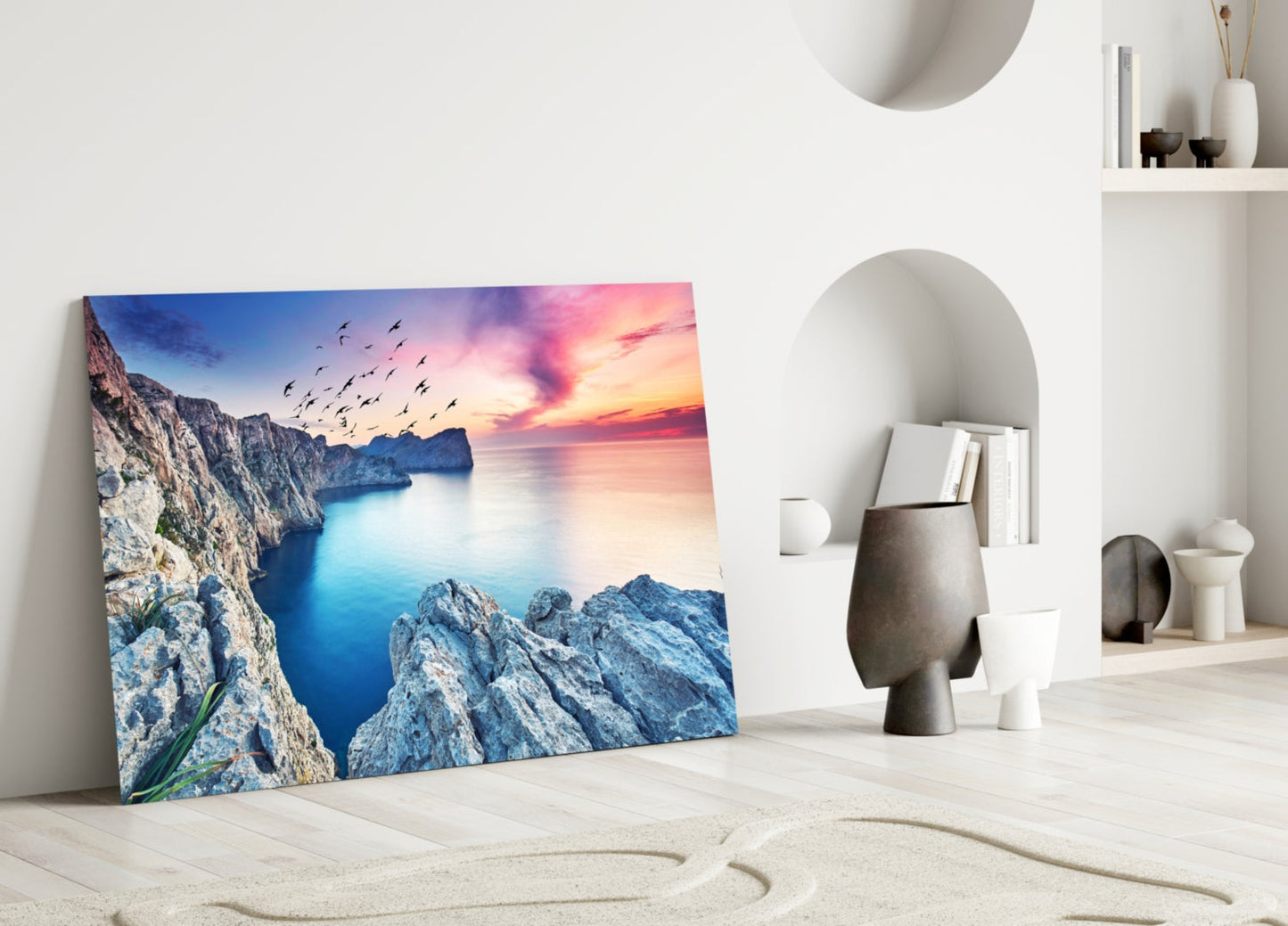 Birds Over Pink Sunset Sea Cliffs Glass Wall Art