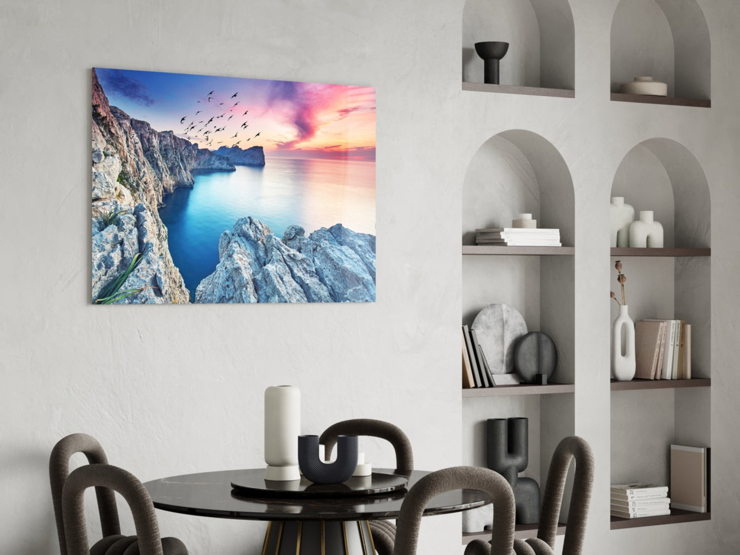 Birds Over Pink Sunset Sea Cliffs Glass Wall Art
