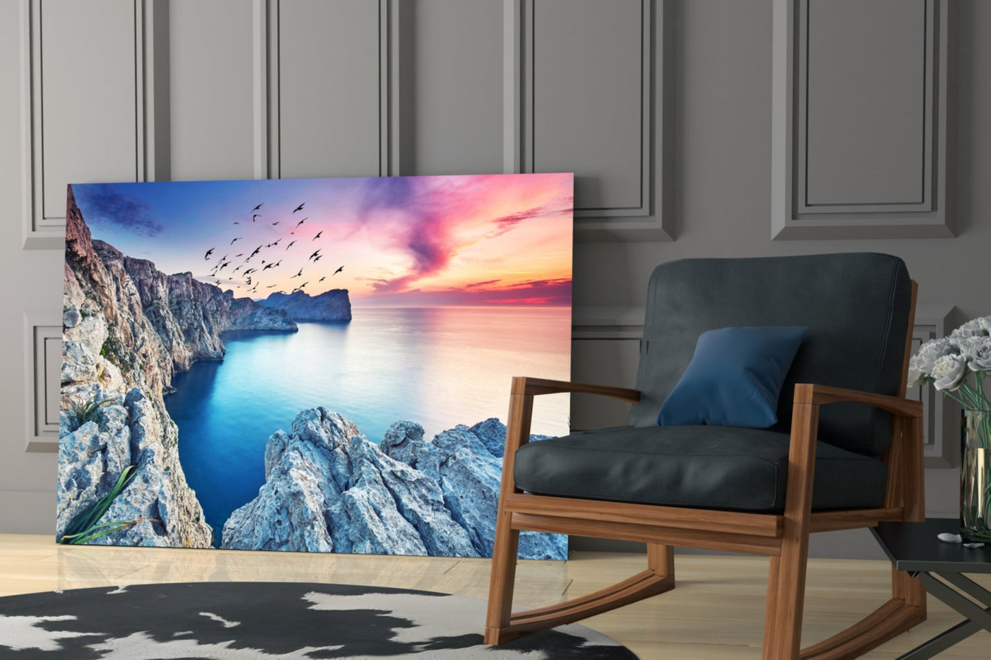 Birds Over Pink Sunset Sea Cliffs Glass Wall Art