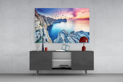 Birds Over Pink Sunset Sea Cliffs Glass Wall Art