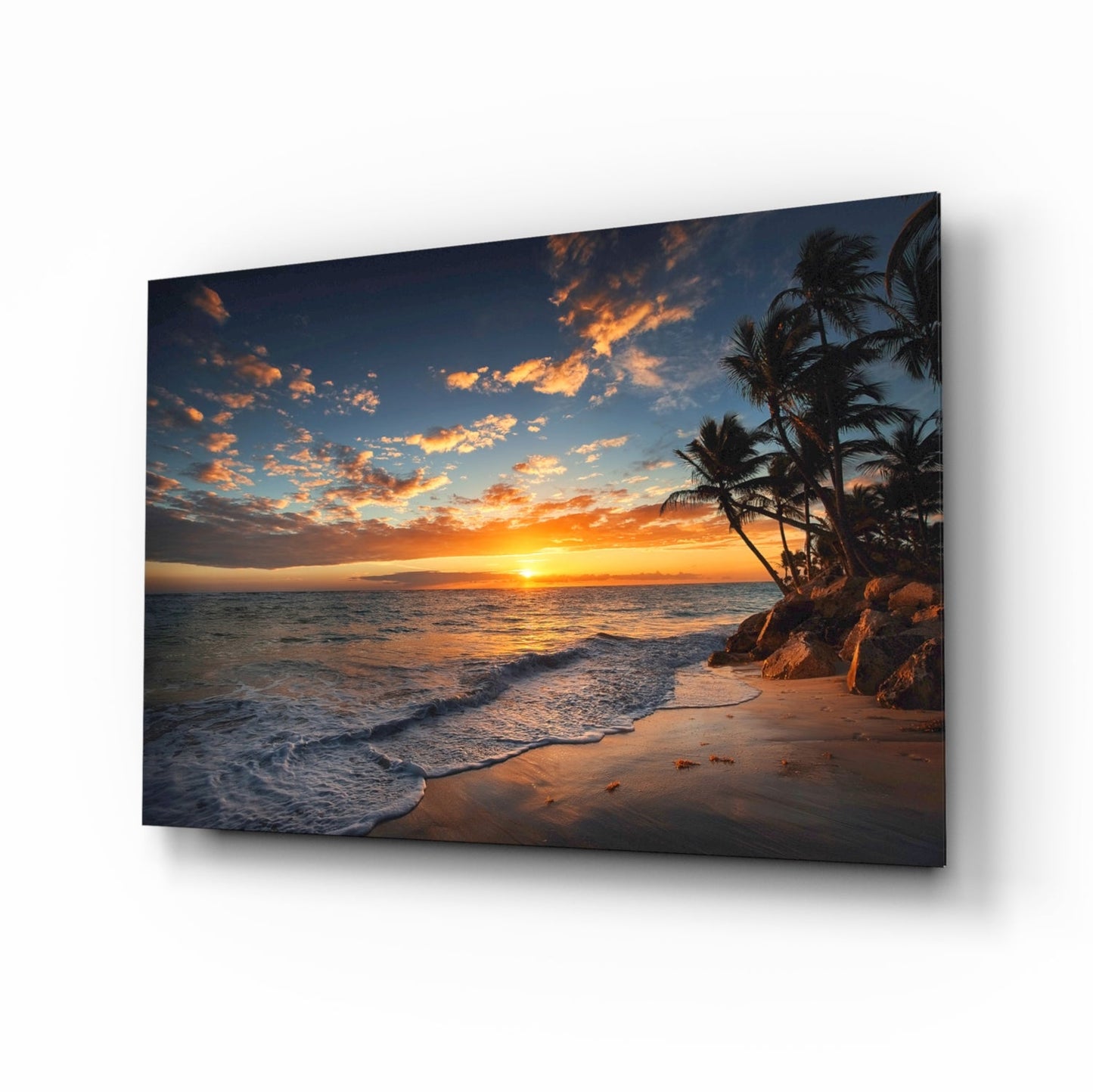 Golden Sunset Shoreline Palm Trees Glass Wall Art