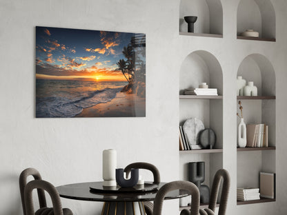 Golden Sunset Shoreline Palm Trees Glass Wall Art