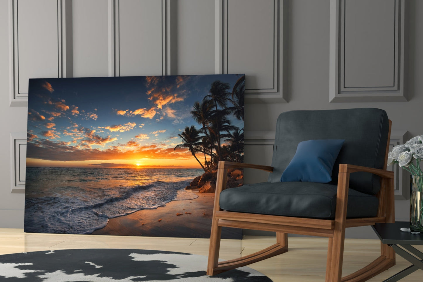 Golden Sunset Shoreline Palm Trees Glass Wall Art