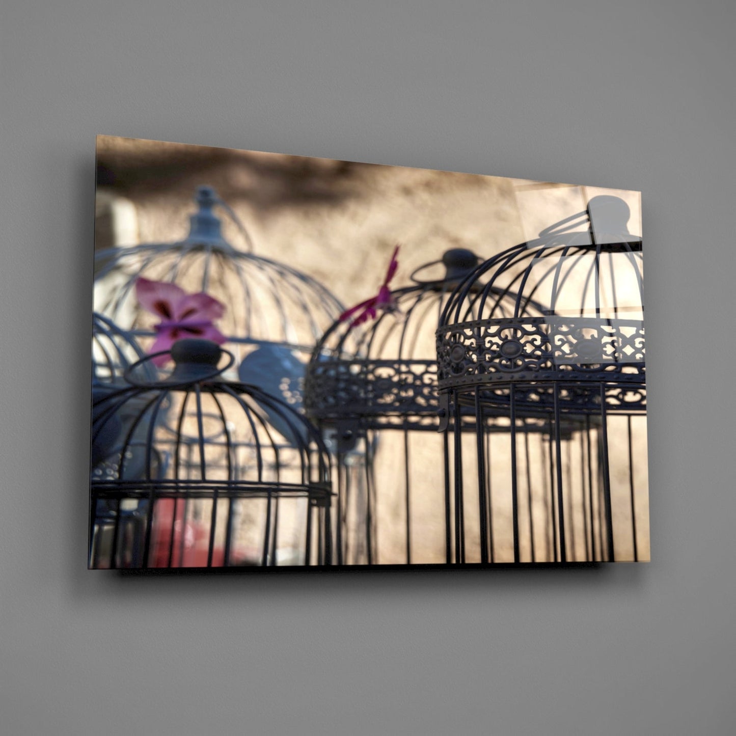 Decorative birdcages with ornate metal wireframe casting shadows on beige wall, featuring purple and pink fabric accents.