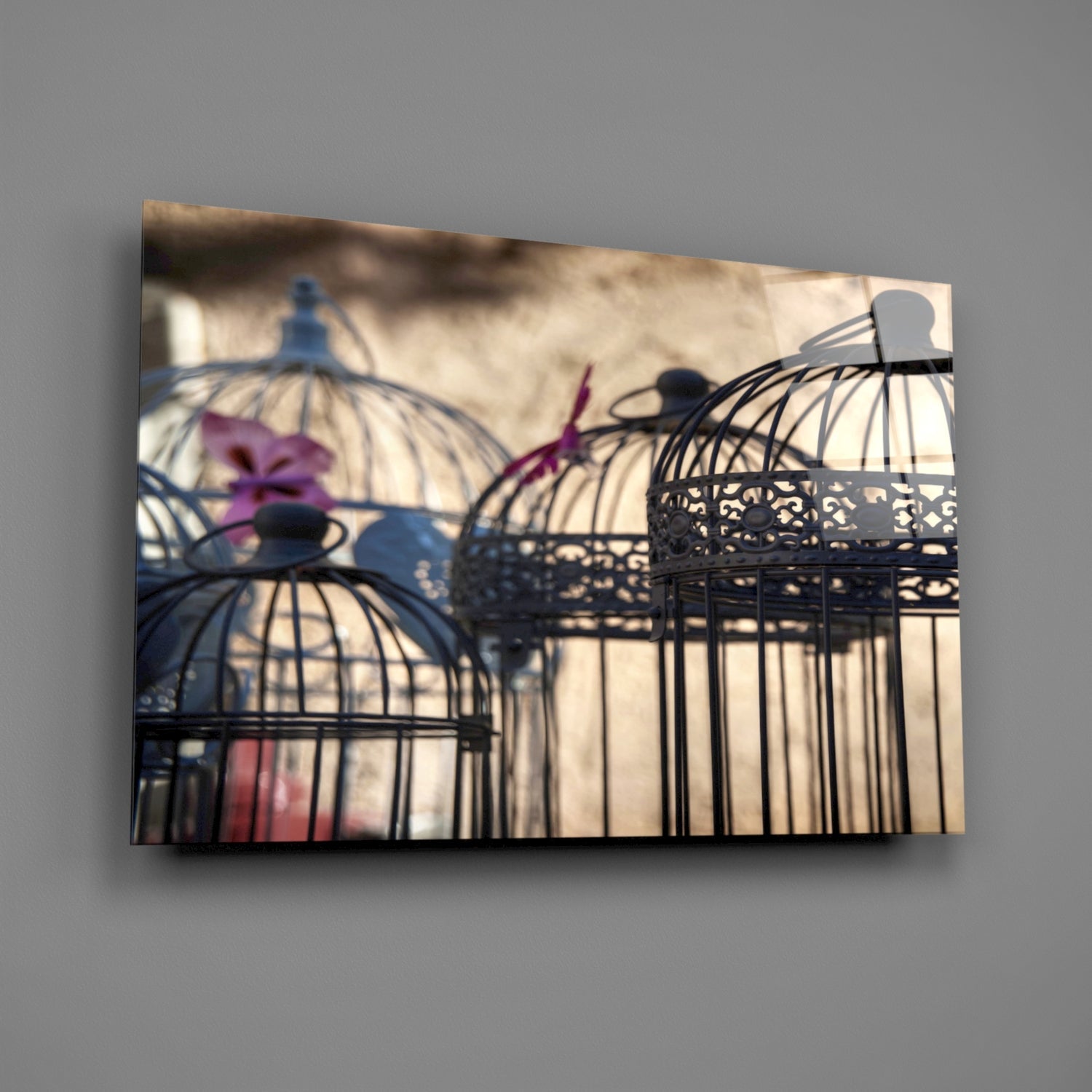 Decorative birdcages with ornate metal wireframe casting shadows on beige wall, featuring purple and pink fabric accents.