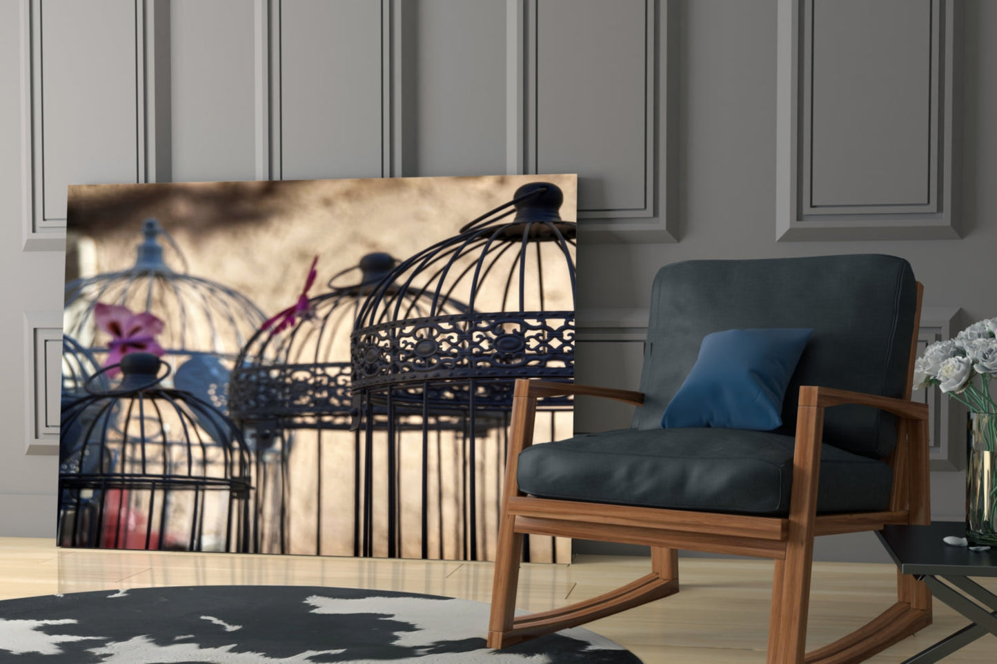 Black decorative birdcages casting shadows on beige wall beside wooden chair with blue cushion.
