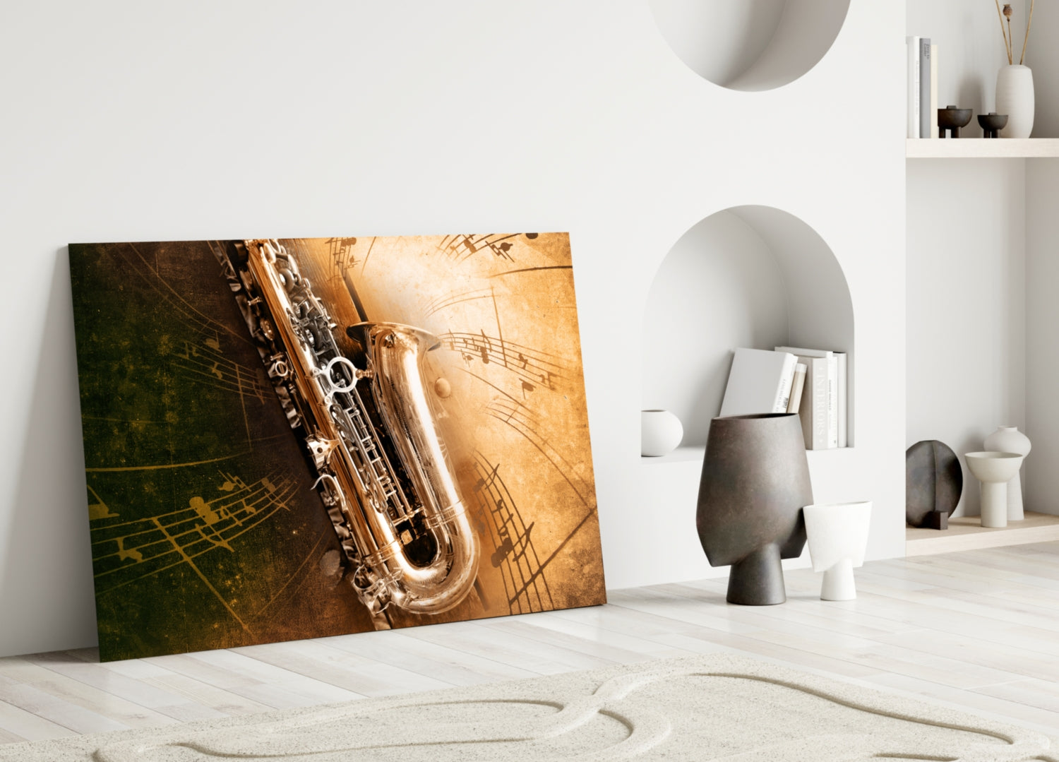 Saxophone glass wall art leaning against white wall in minimalist room setting with decorative ceramics and shelving.