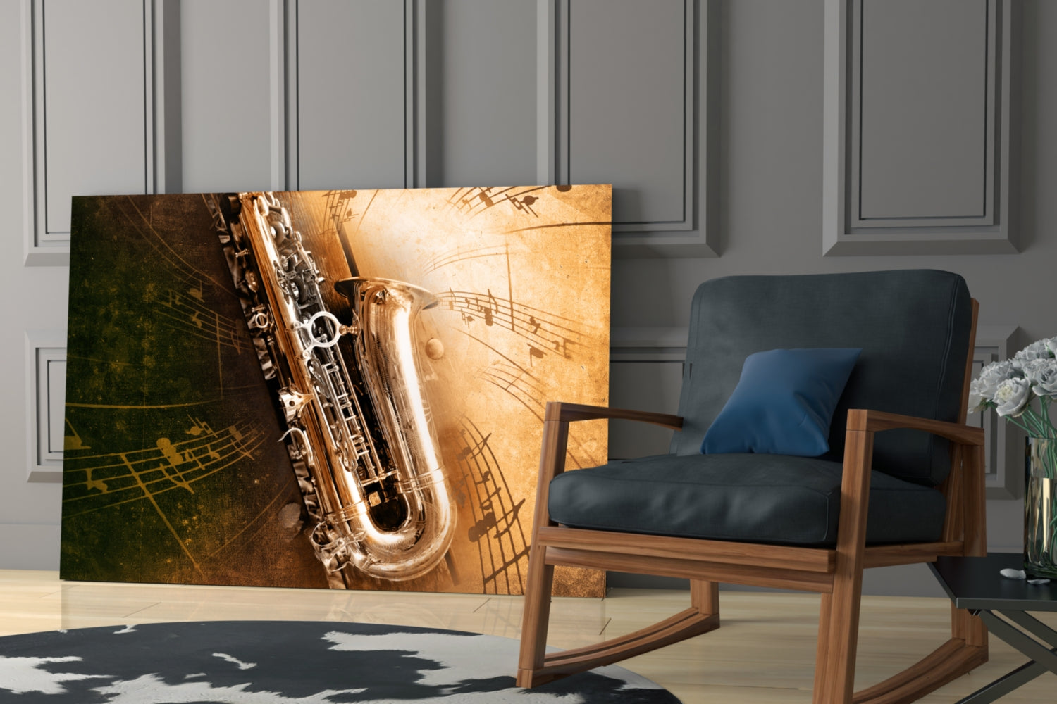 Saxophone glass wall art displayed in a modern living room beside a wooden chair with blue cushioning, showing warm gold and dark tones with musical notes.