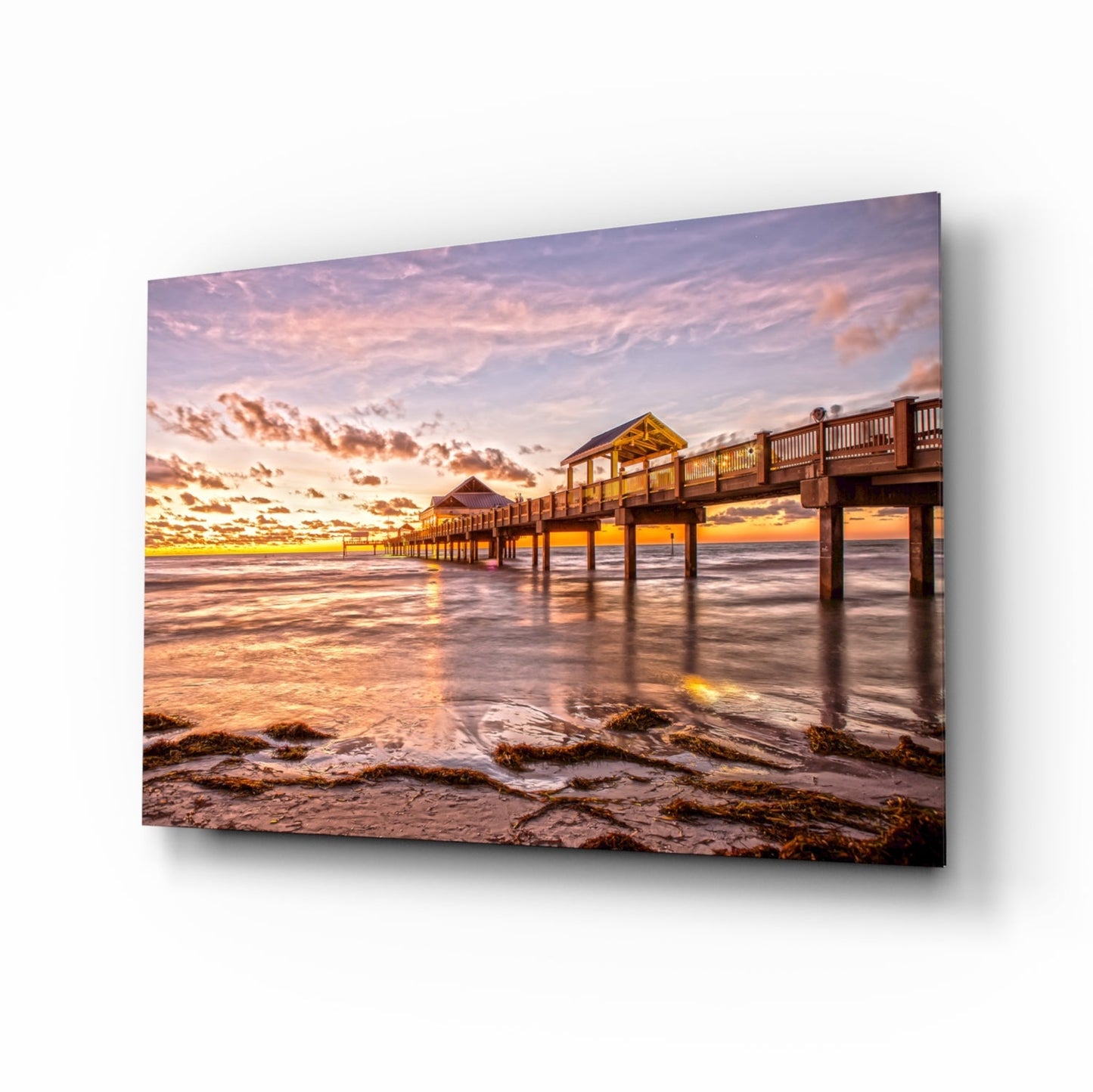 Golden Hour Fishing Pier Pavilion Glass Wall Art