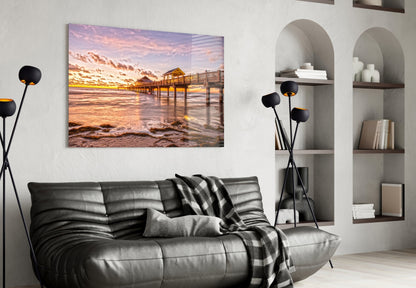 Golden Hour Fishing Pier Pavilion Glass Wall Art