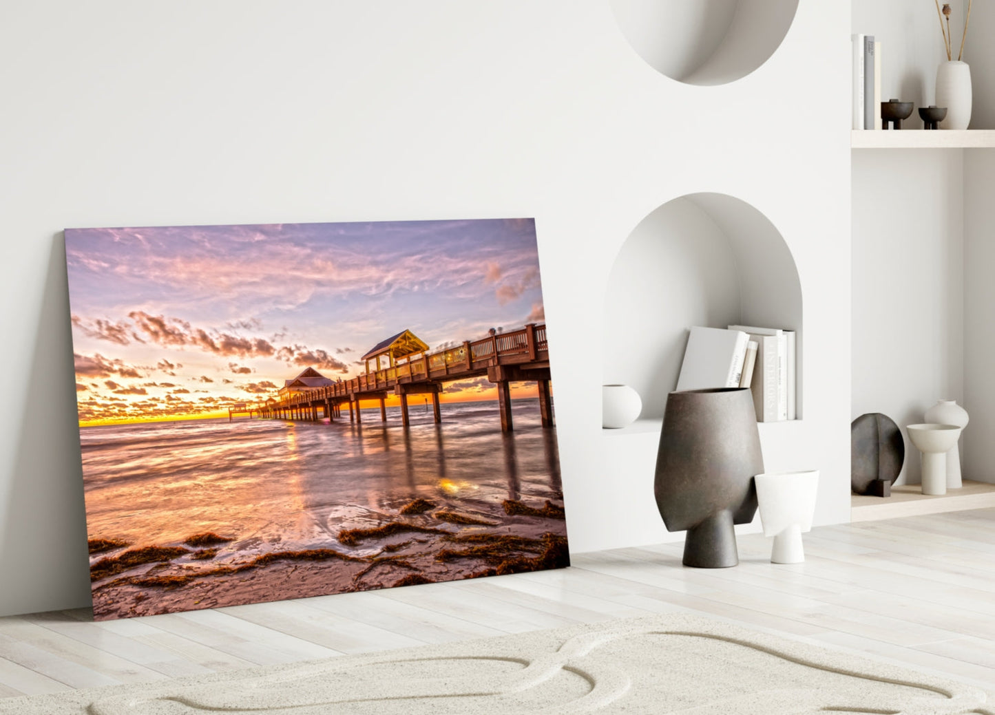 Golden Hour Fishing Pier Pavilion Glass Wall Art