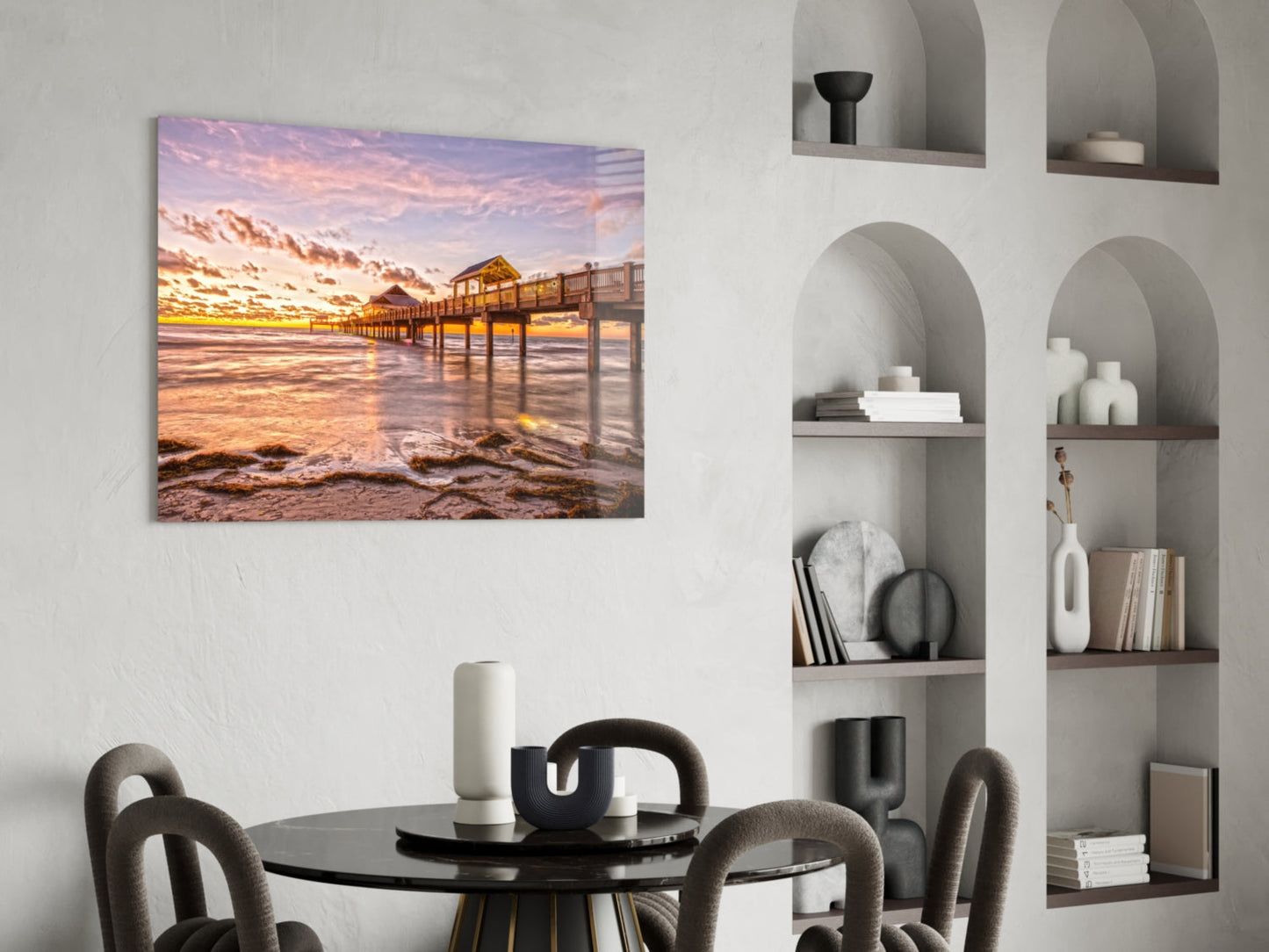 Golden Hour Fishing Pier Pavilion Glass Wall Art