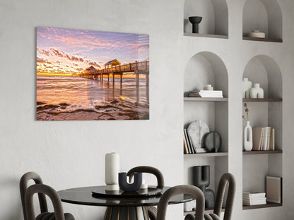 Golden Hour Fishing Pier Pavilion Glass Wall Art
