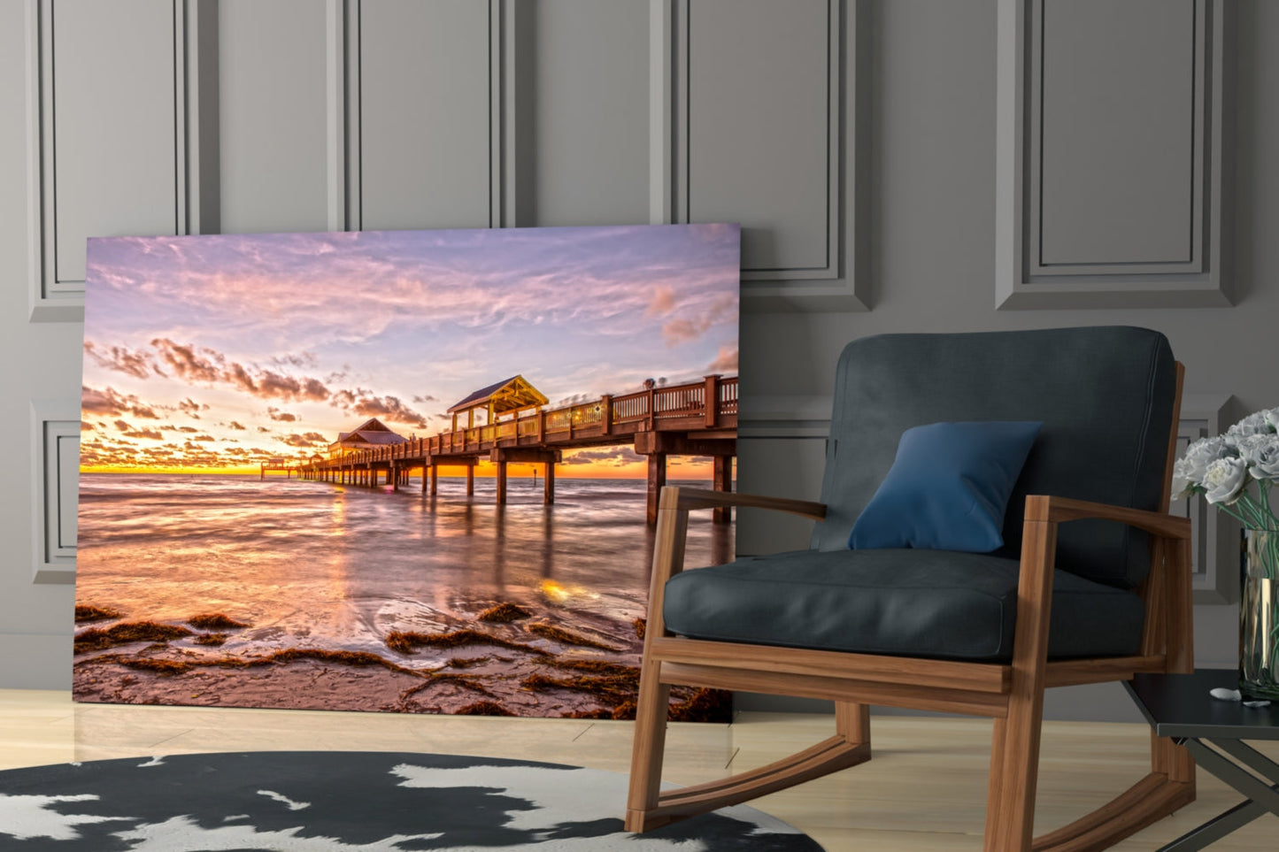 Golden Hour Fishing Pier Pavilion Glass Wall Art