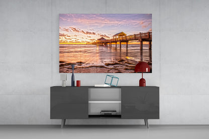 Golden Hour Fishing Pier Pavilion Glass Wall Art