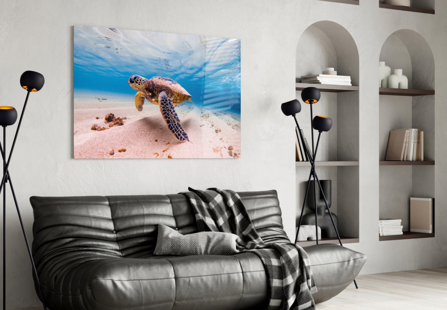 Sea Turtle Gliding Over White Sand Glass Wall Art