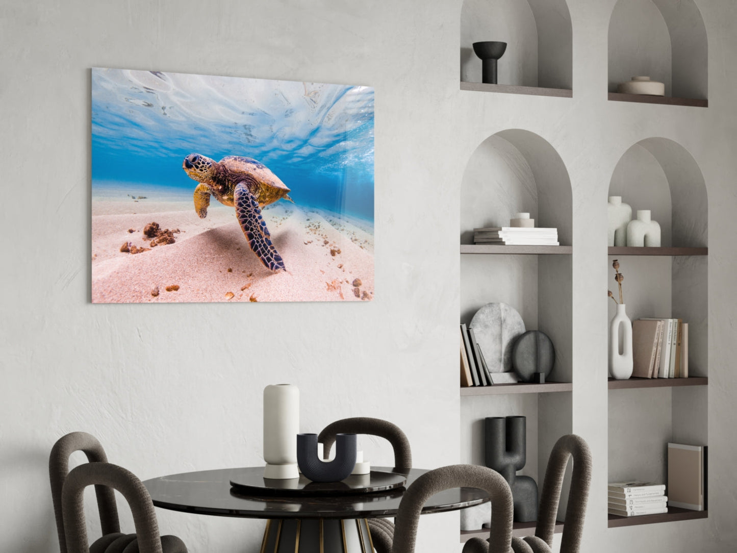Sea Turtle Gliding Over White Sand Glass Wall Art