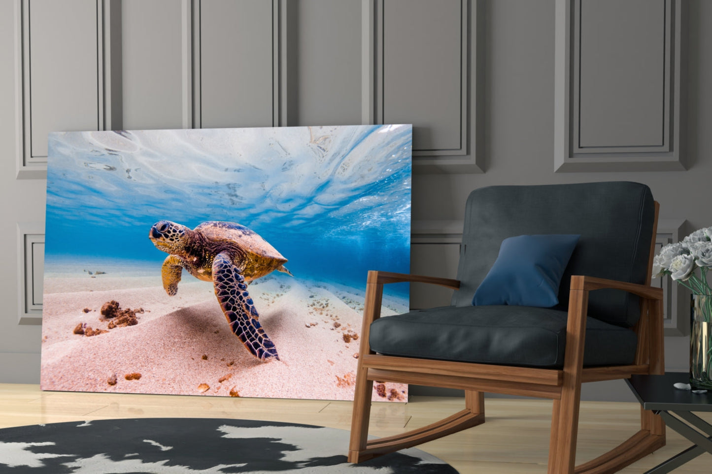 Sea Turtle Gliding Over White Sand Glass Wall Art