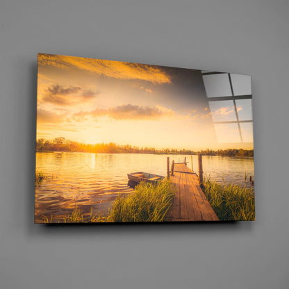 Sunset Rowboat Grassy Dock Glass Wall Art