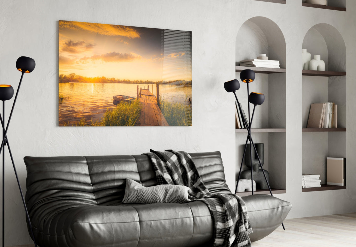 Sunset Rowboat Grassy Dock Glass Wall Art