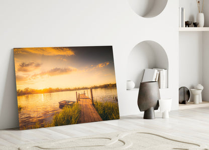 Sunset Rowboat Grassy Dock Glass Wall Art