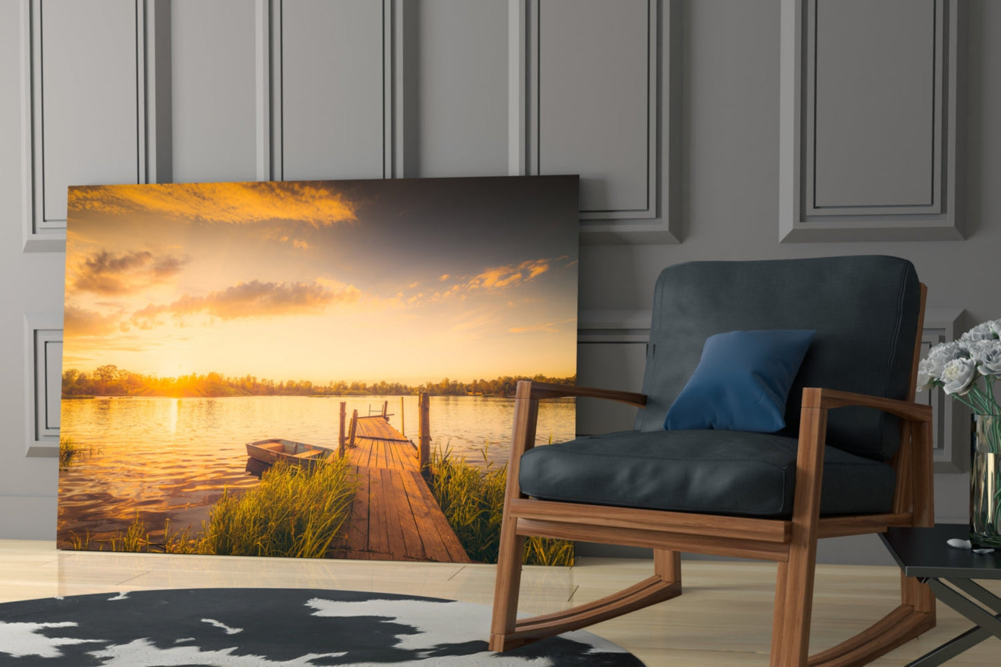 Sunset Rowboat Grassy Dock Glass Wall Art