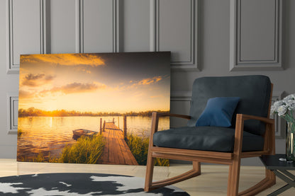 Sunset Rowboat Grassy Dock Glass Wall Art
