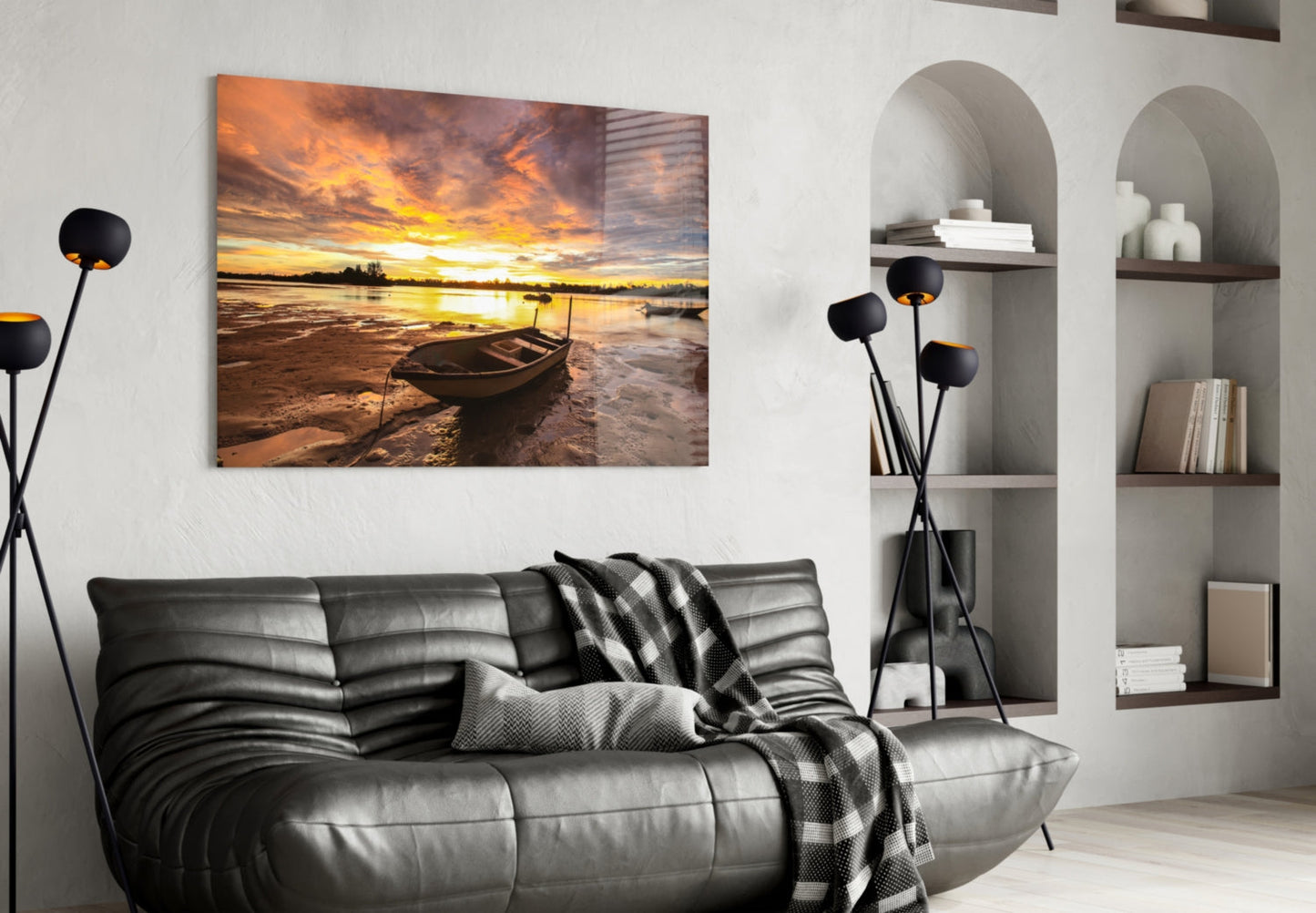 Purple Sunset Lake Boat Glass Wall Art