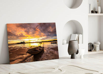 Purple Sunset Lake Boat Glass Wall Art