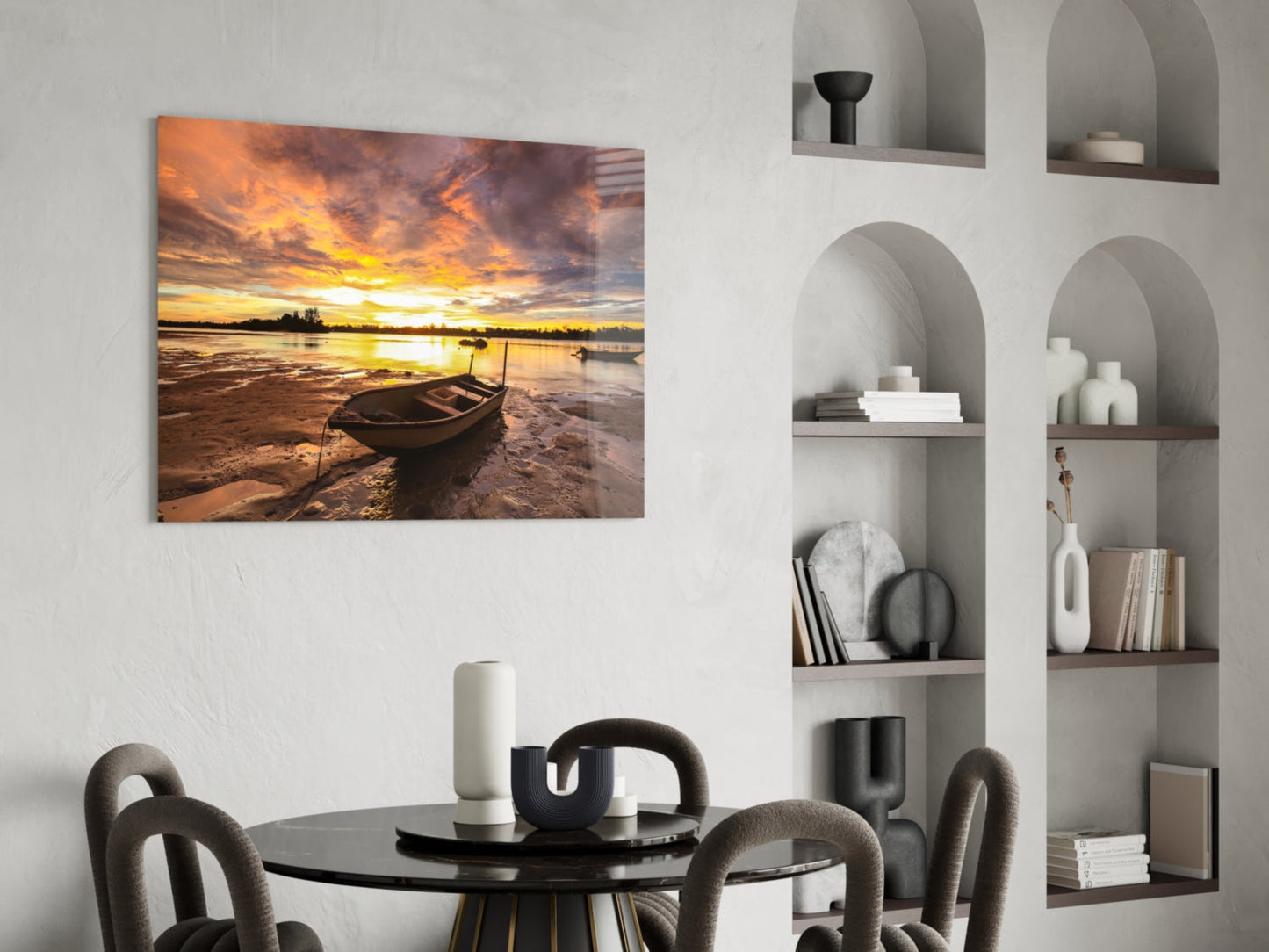 Purple Sunset Lake Boat Glass Wall Art