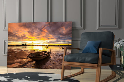 Purple Sunset Lake Boat Glass Wall Art