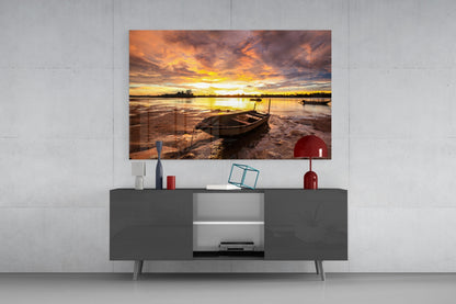 Purple Sunset Lake Boat Glass Wall Art