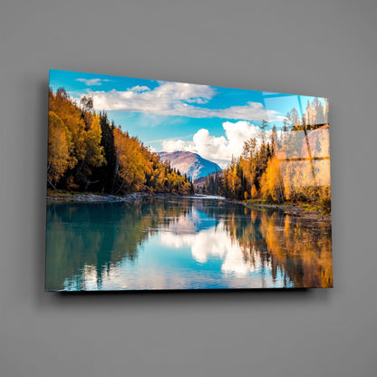 Autumn River Mountain Reflection Glass Wall Art
