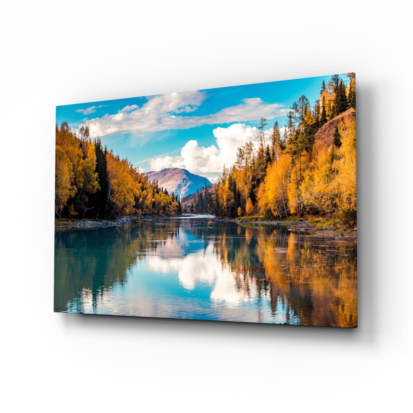 Autumn River Mountain Reflection Glass Wall Art
