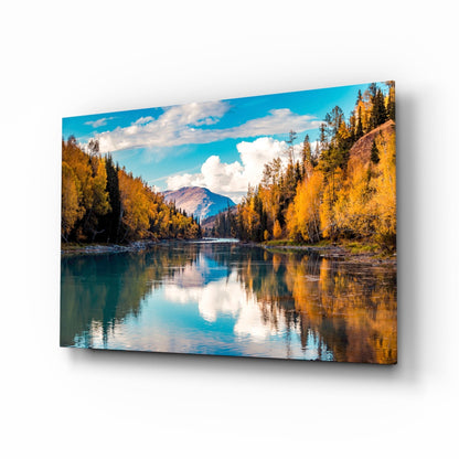 Autumn River Mountain Reflection Glass Wall Art