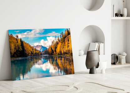 Autumn River Mountain Reflection Glass Wall Art