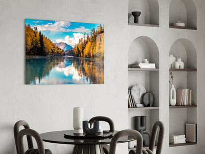 Autumn River Mountain Reflection Glass Wall Art