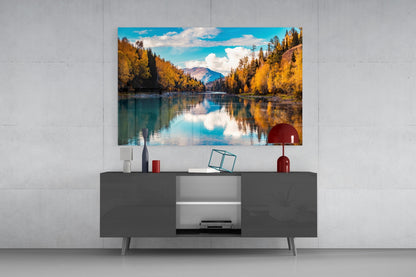 Autumn River Mountain Reflection Glass Wall Art