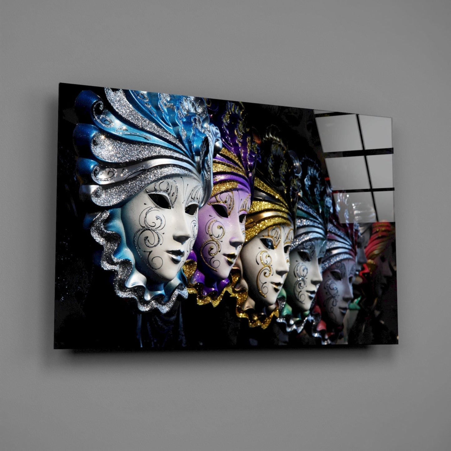 Venetian carnival masks glass wall art displayed at an angle, showing white and colored masks with blue, purple, and gold glitter details against black background.