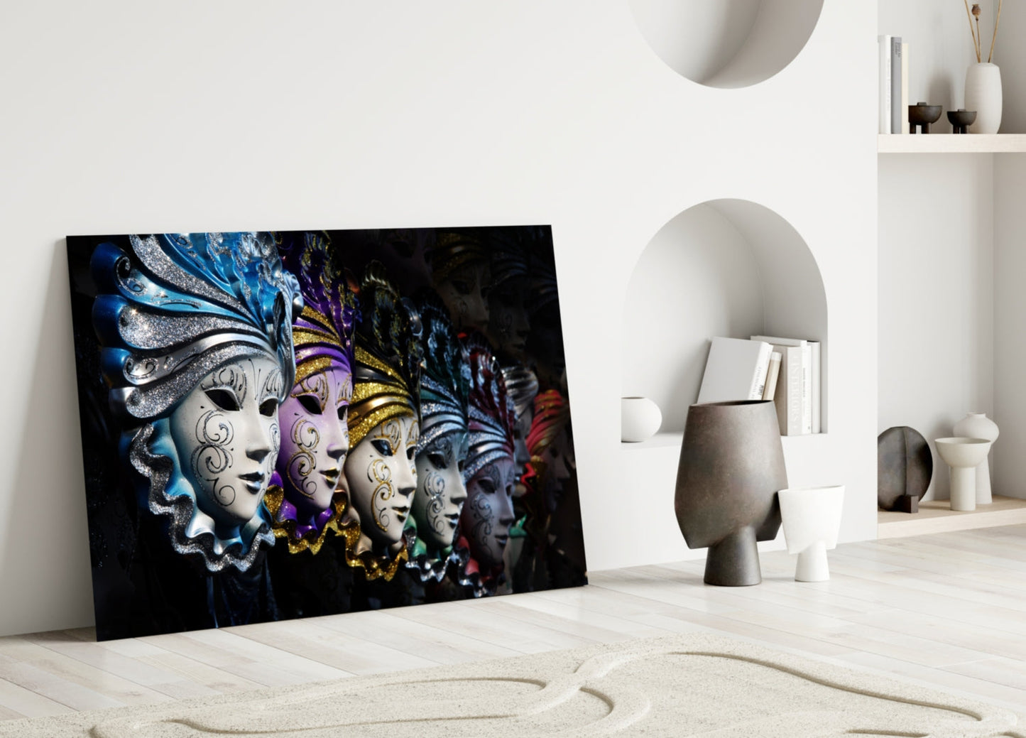 Venetian carnival mask glass wall art leaning against white wall in minimalist room with decorative objects and shelving.
