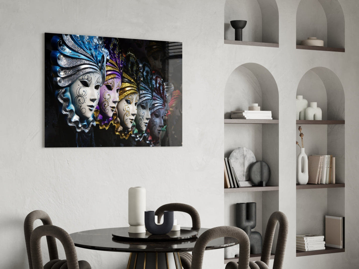 Venetian Carnival Masks glass wall art displayed above a black round dining table with gray chairs in a modern interior with white shelving.