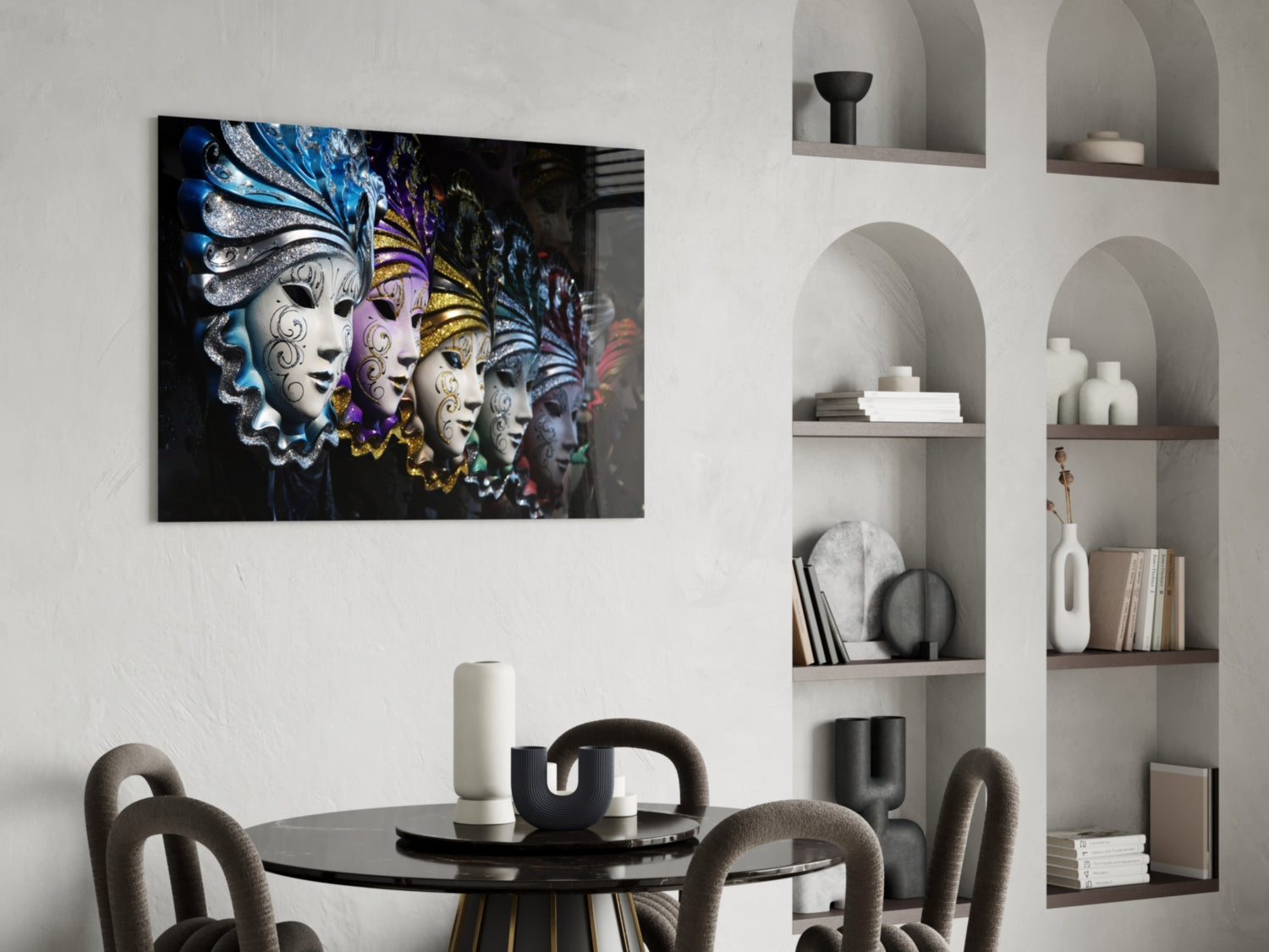 Venetian Carnival Masks glass wall art displayed above a black round dining table with gray chairs in a modern interior with white shelving.