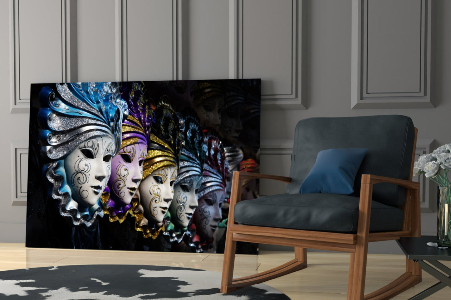 Venetian carnival mask glass wall art displayed in a modern living room next to a wooden chair with blue cushion, showing ornate white and colorful masks against black background.