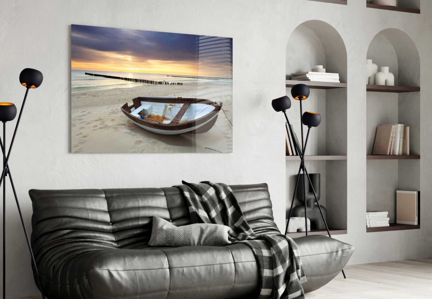 Wooden Rowboat Dramatic Sunset Beach Glass Wall Art