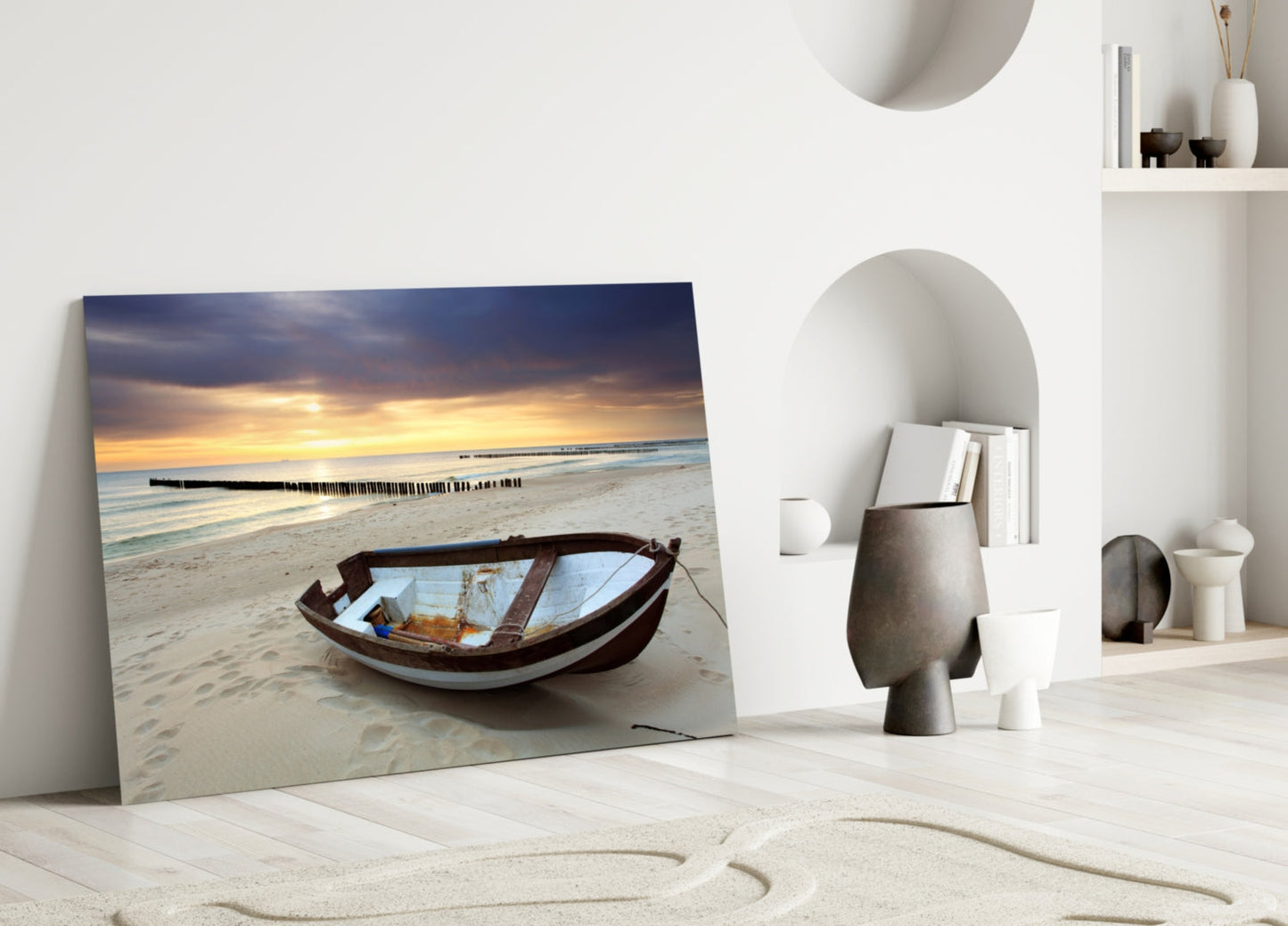 Wooden Rowboat Dramatic Sunset Beach Glass Wall Art