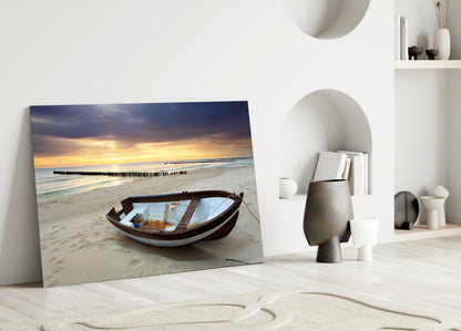 Wooden Rowboat Dramatic Sunset Beach Glass Wall Art