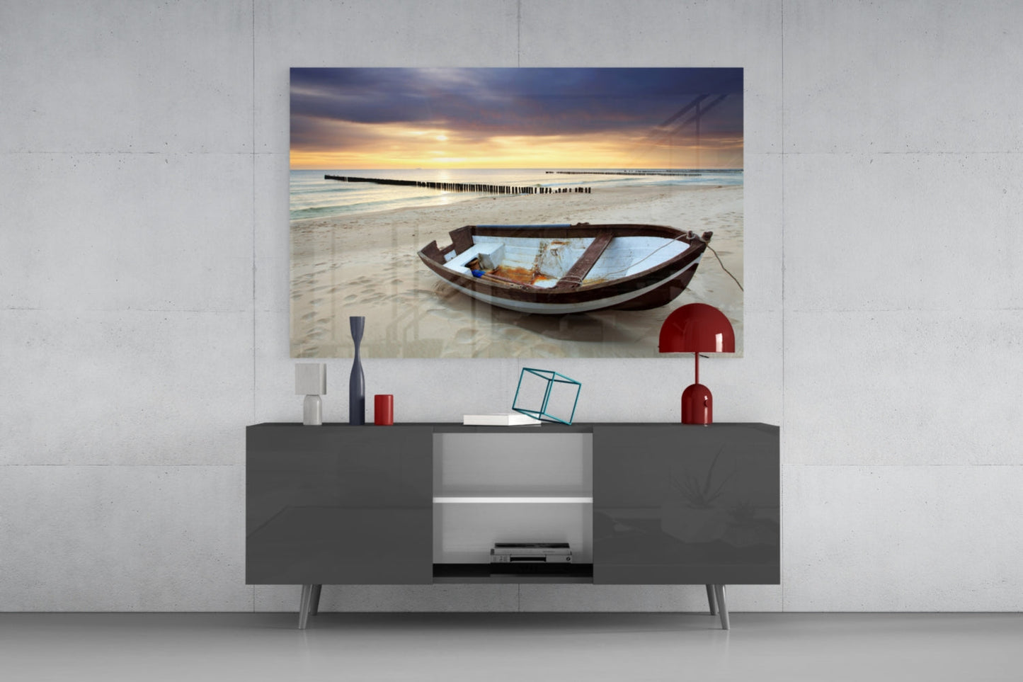 Wooden Rowboat Dramatic Sunset Beach Glass Wall Art